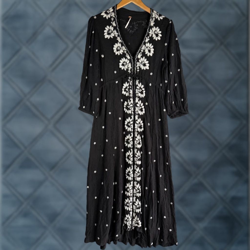 Free People Maxi Dress Embroidered Lily of the Valley Floral Black White  Rayon Long Sleeve V-Neck Pullover Regular Women Medium M - aseduan.cl