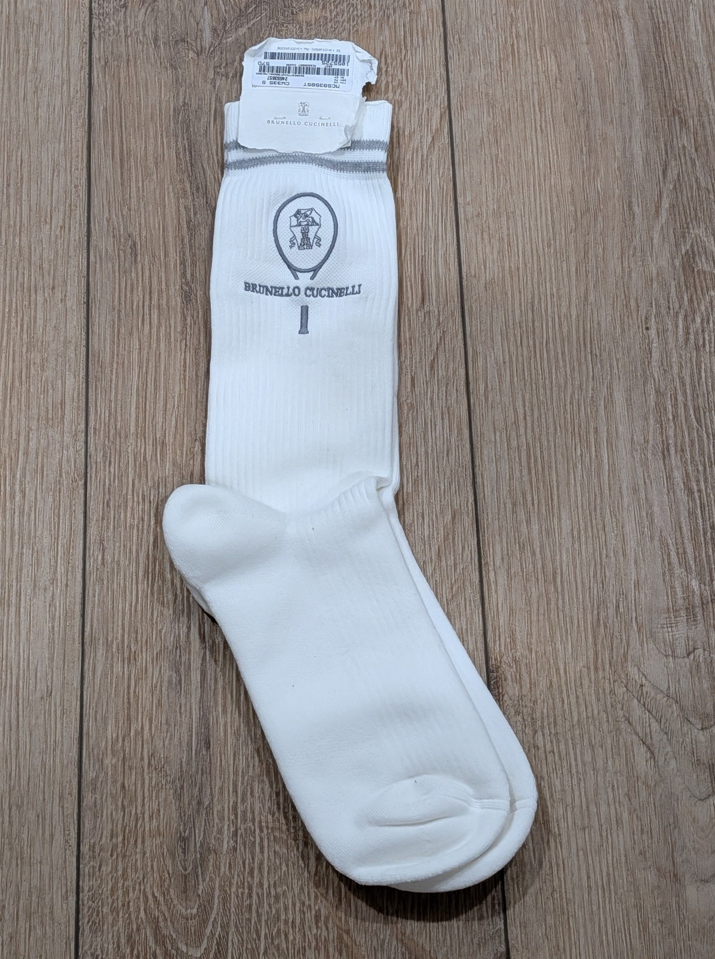 Brunello Cucinelli Brunello Cucinelli Striped Logo Crew Socks White/Gray Small Size ONE SIZE - 1 Thumbnail