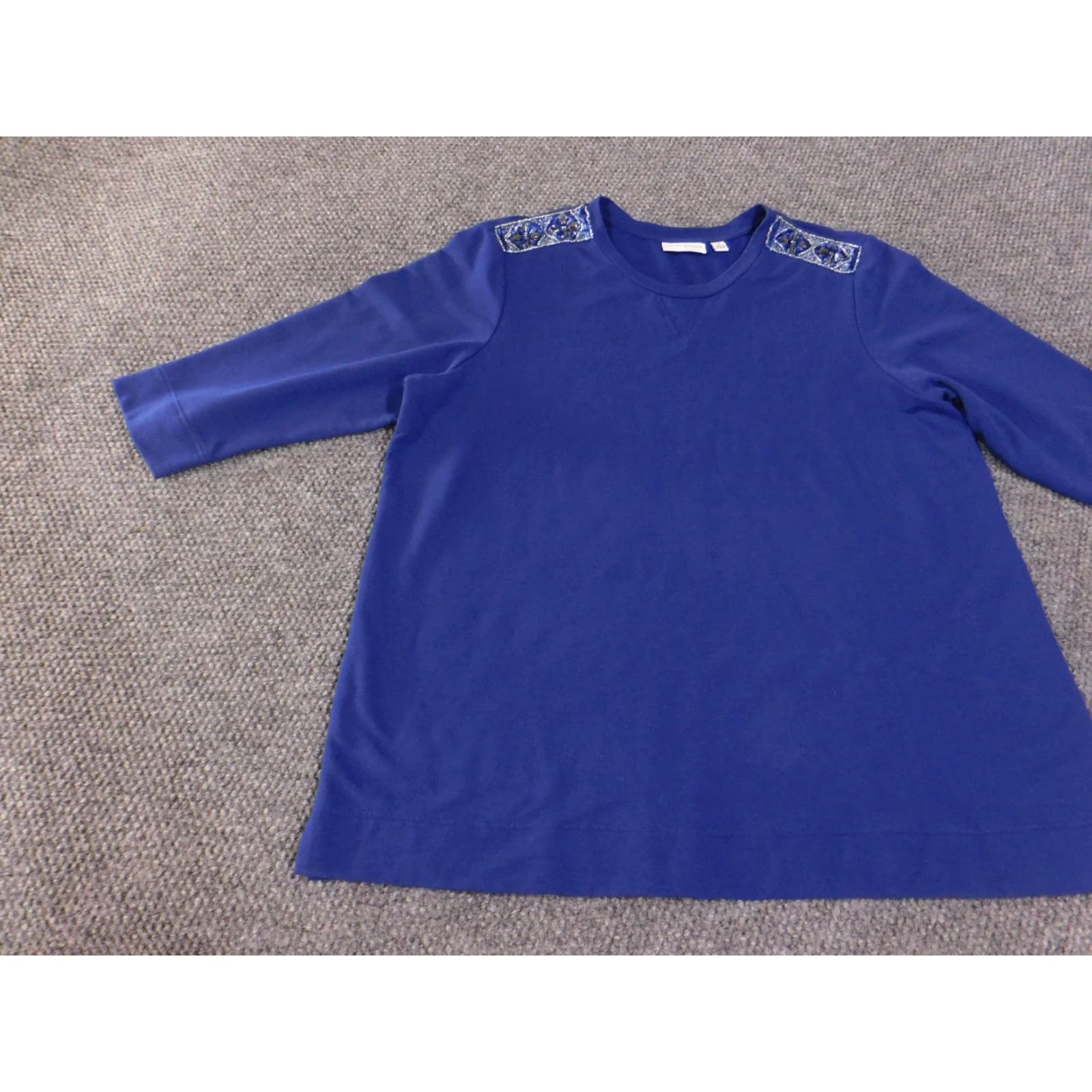 Vintage Susan Graver Shirt Womens 1X Blue Beaded Embellished Shoulder 3/4 Sleeve Pullover Top Size XL / US 12-14 / IT 48-50 - 3 Thumbnail