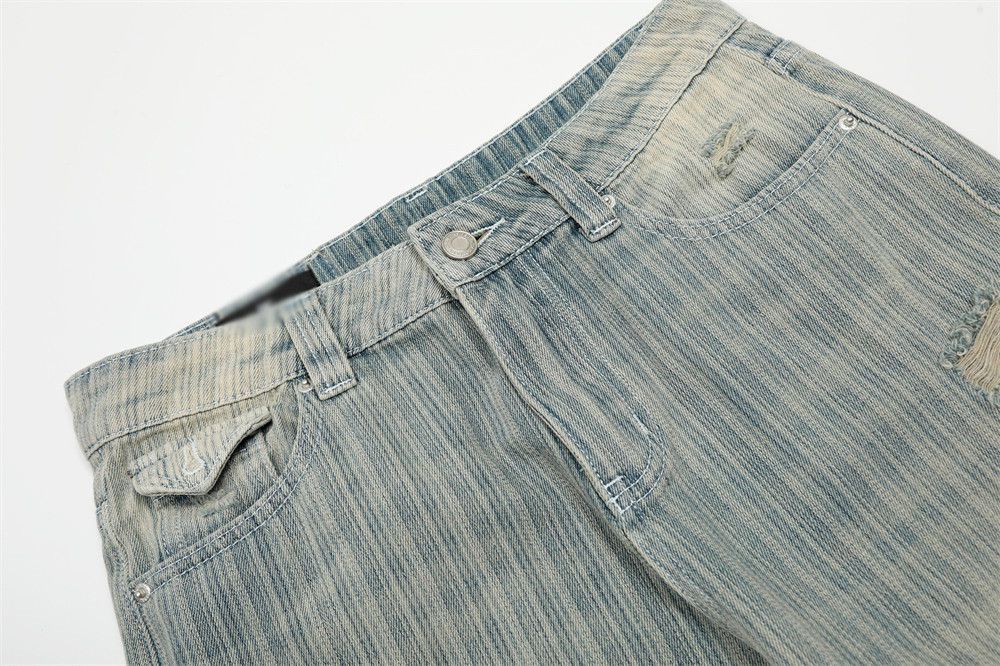 Men's distressed punk wide-leg washed striped ripped jeans