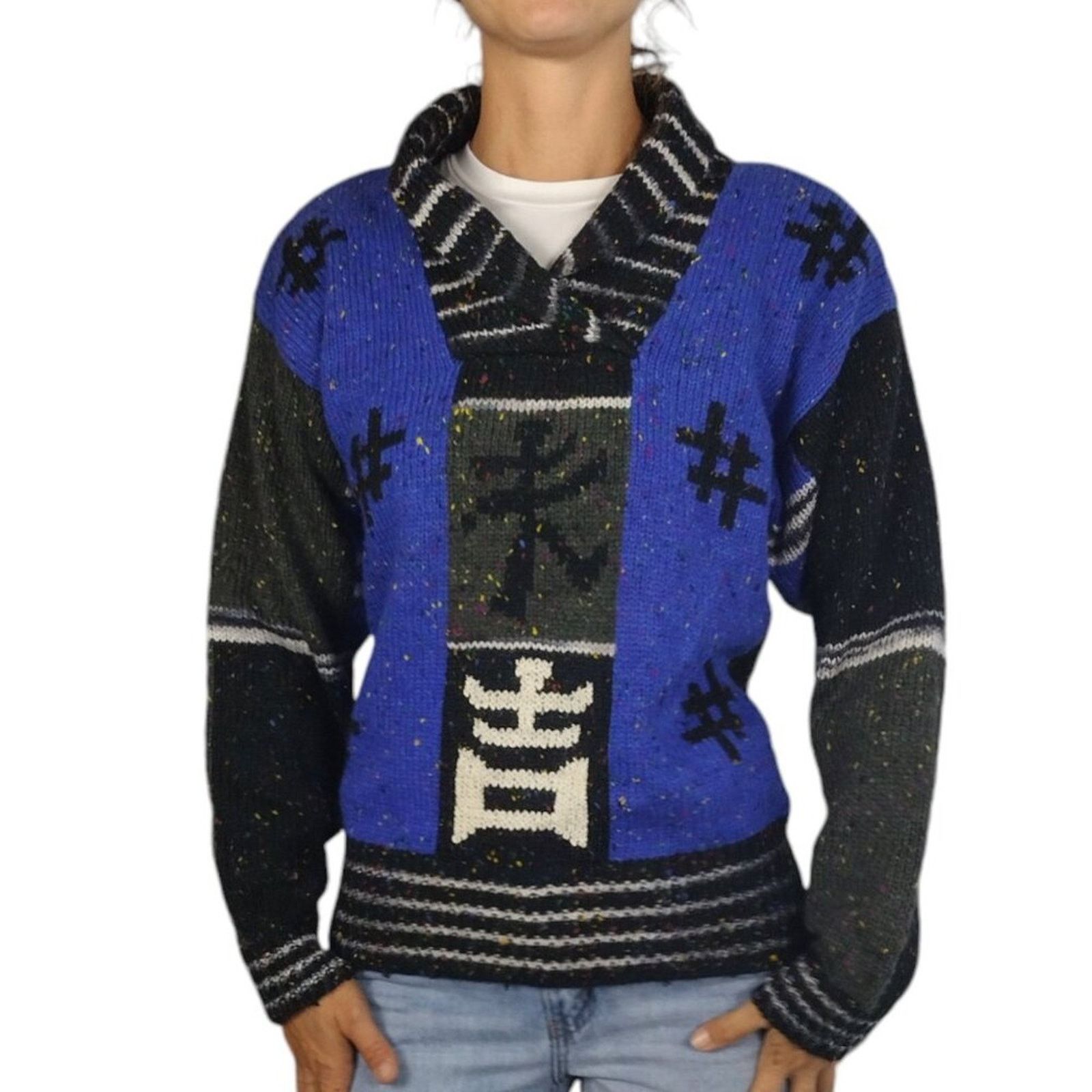Vintage VTG 90s Chunky Asian Character Sweater by Counterparts Size M / US 6-8 / IT 42-44 - 2 Thumbnail