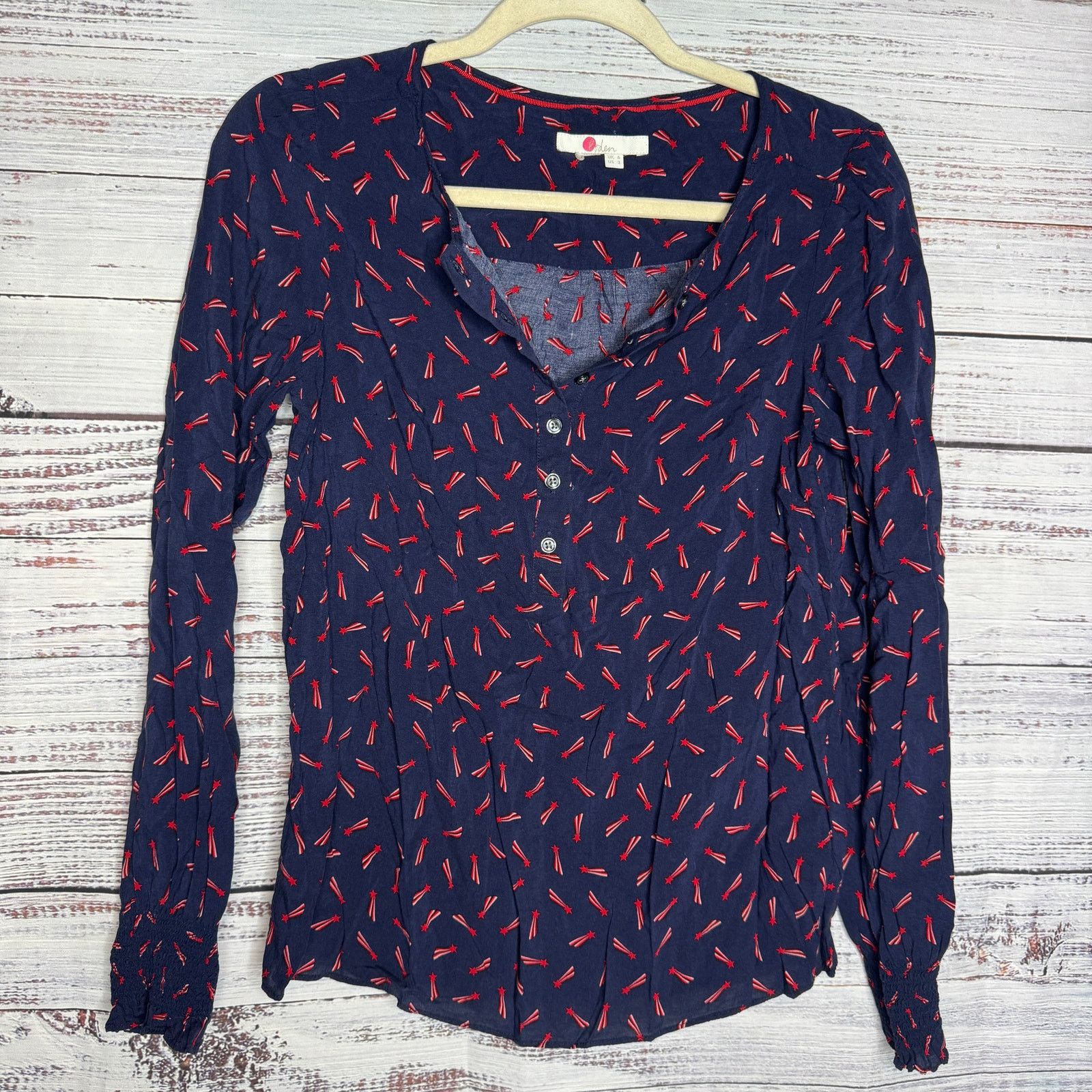 Boden Boden Navy Shooting Star Print Popover Blouse Long Sleeve 2 Size XS / US 0-2 / IT 36-38 - 2 Thumbnail