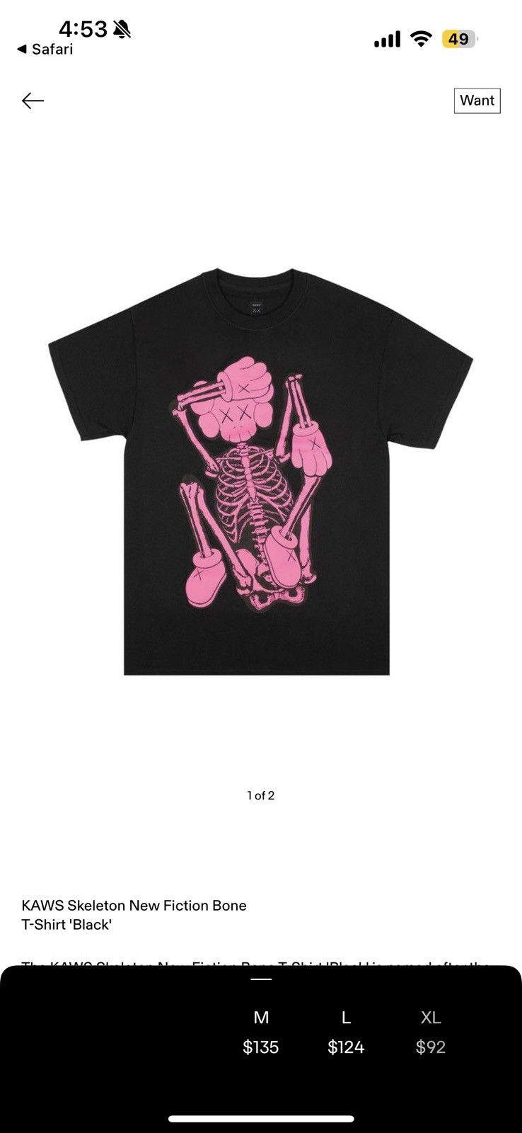 Kaws KAWS Skeleton New Fiction Bone T-Shirt 'Black' Size US M / EU 48-50 / 2 - 1 Thumbnail