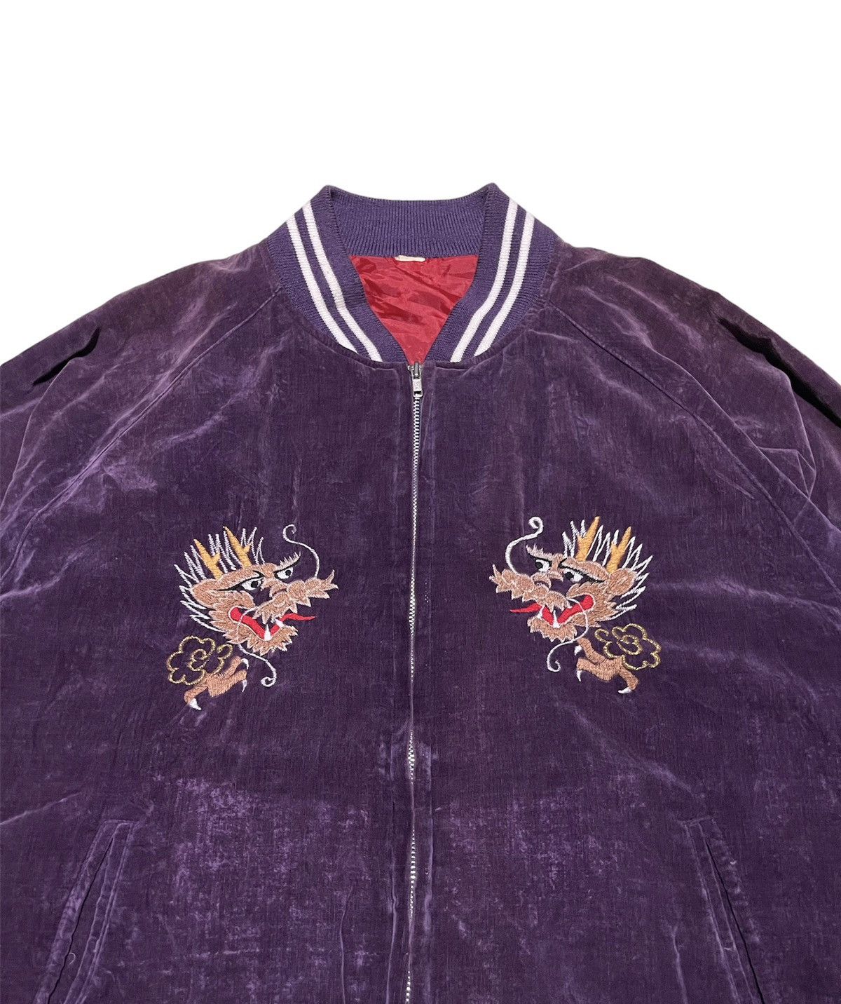 Vintage Japanese Sukajan Velvet Bomber Twin Dragon Japan Embroidery Size US L / EU 52-54 / 3 - 8 Thumbnail