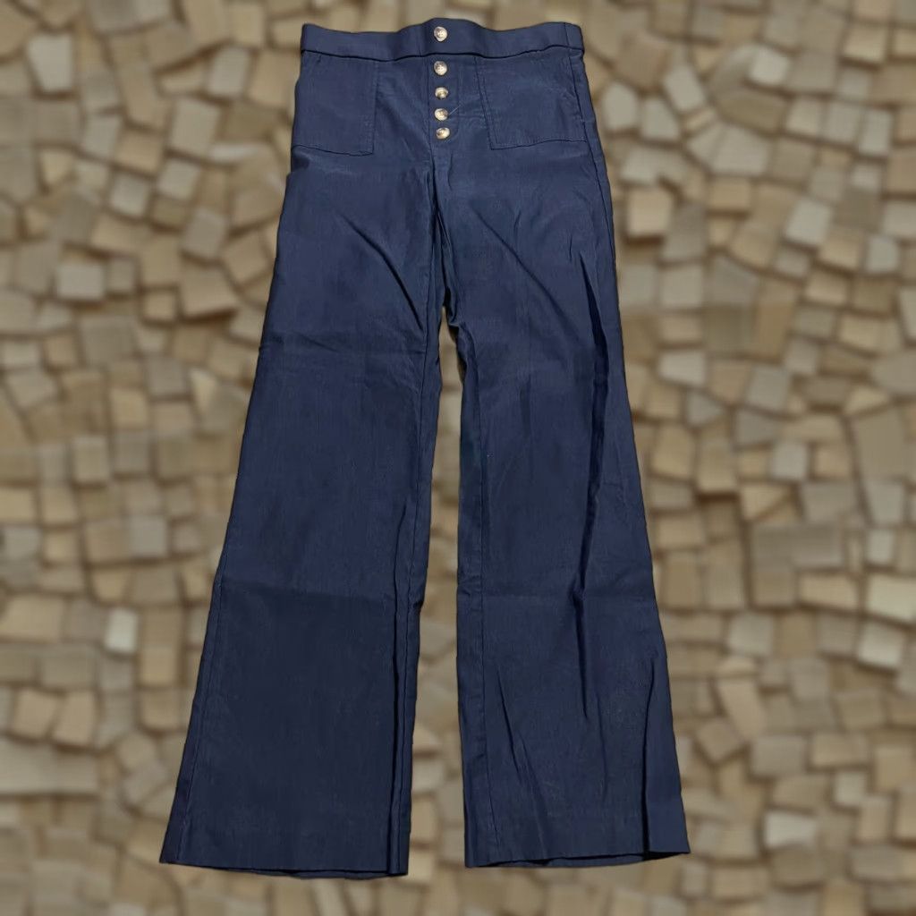 Vintage One Pants Women's Medium Navy Blue Pull on Button Fly Flared Pants Casual Regular Inseam 30" Size M Blue Womens Size 32" / US 10 / IT 46 - 1 Thumbnail