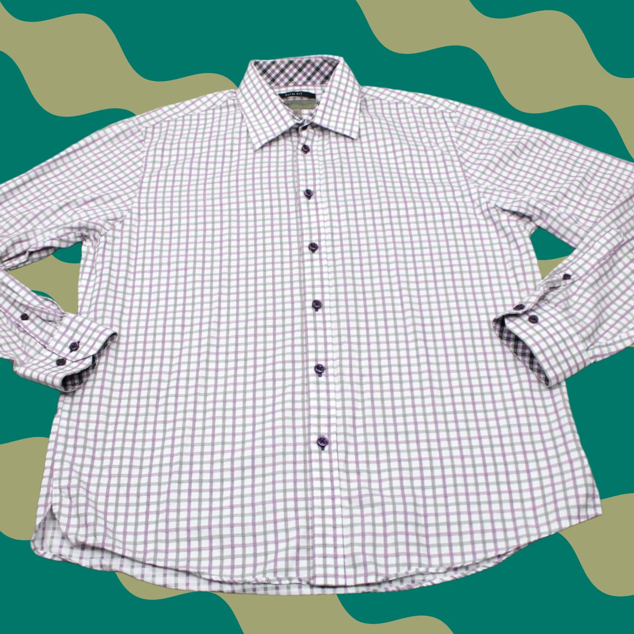 Vintage Jhane Barnes Shirt Mens Large Purple/Black/White Slim Fit 100% Cotton L/S Button-Down Shirt Size US L / EU 52-54 / 3 - 1 Thumbnail