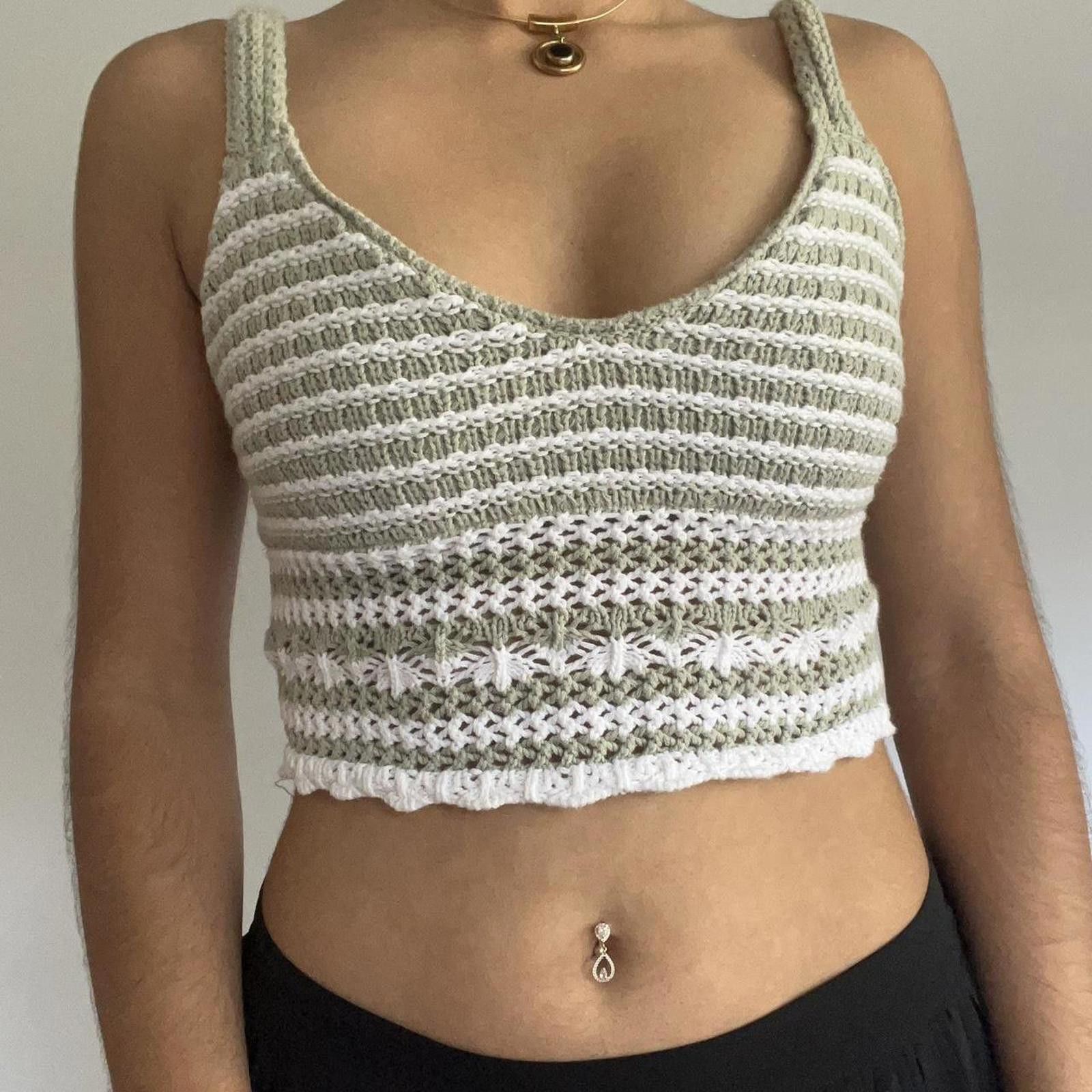 Other Cream and green striped crochet vest top #crochet Size XS / US 0-2 / IT 36-38 - 5 Thumbnail