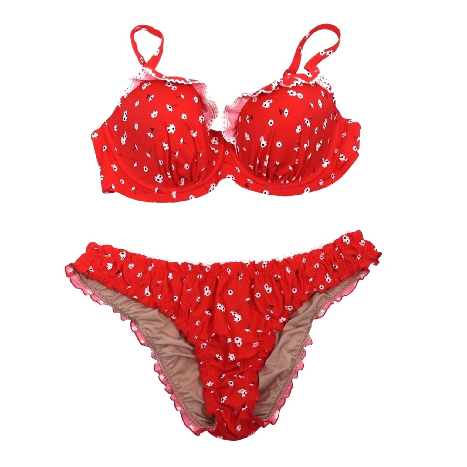Vintage Pour Moi Sunset Beach Bikini Swimsuit 38D Red and White Floral 2 Piece Women Belongs Ladies Bikini Top Underwire Frill Swimsuit Set L DCA Size ONE SIZE - 2 Thumbnail
