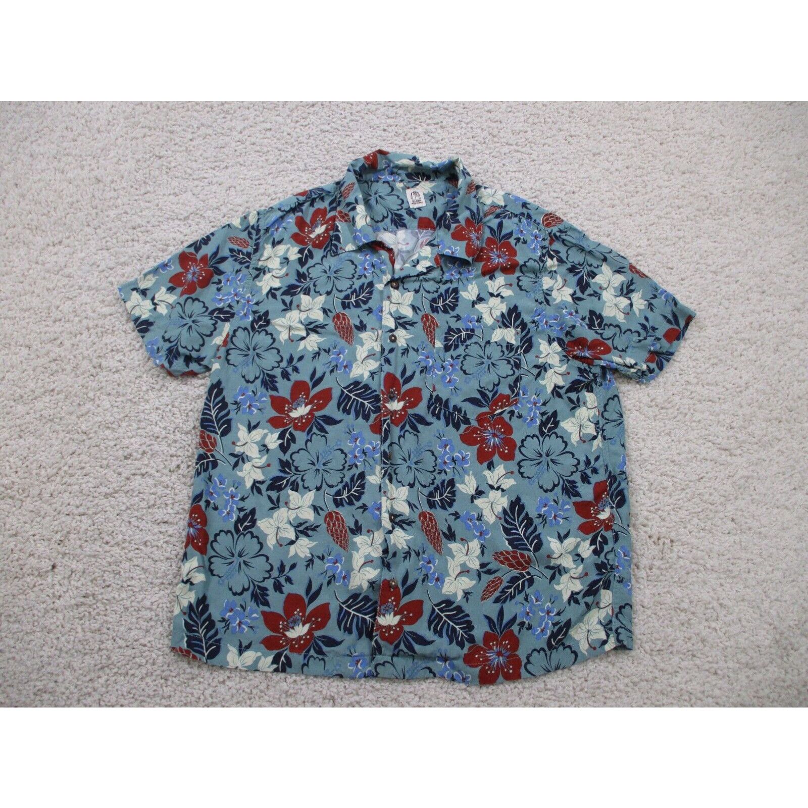 image of Alohas Hiroshi Kato Shirt Mens Extra Large Blue Wrench Aloha Hawaiian Classic Floral in White (Size