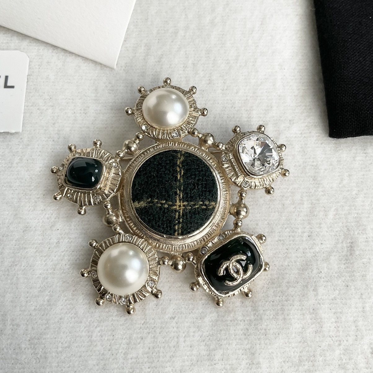 image of W/ Box Chanel Flower Brooch Logo Yellow Tweed Faux Pear, Women's