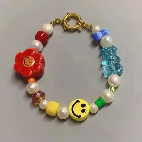 Jewelry Rainbow Gradient Smiley Face Bear Flower Beads Bracelet Size ONE SIZE - 3 Thumbnail