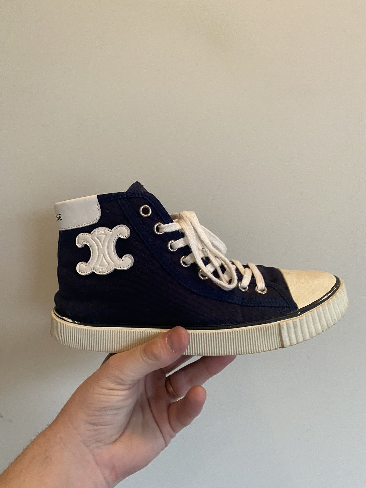 【CELINE】MID-TOP SNEAKERS Celine Women's Mid Block Wedge Scratch Calfskin Optic White