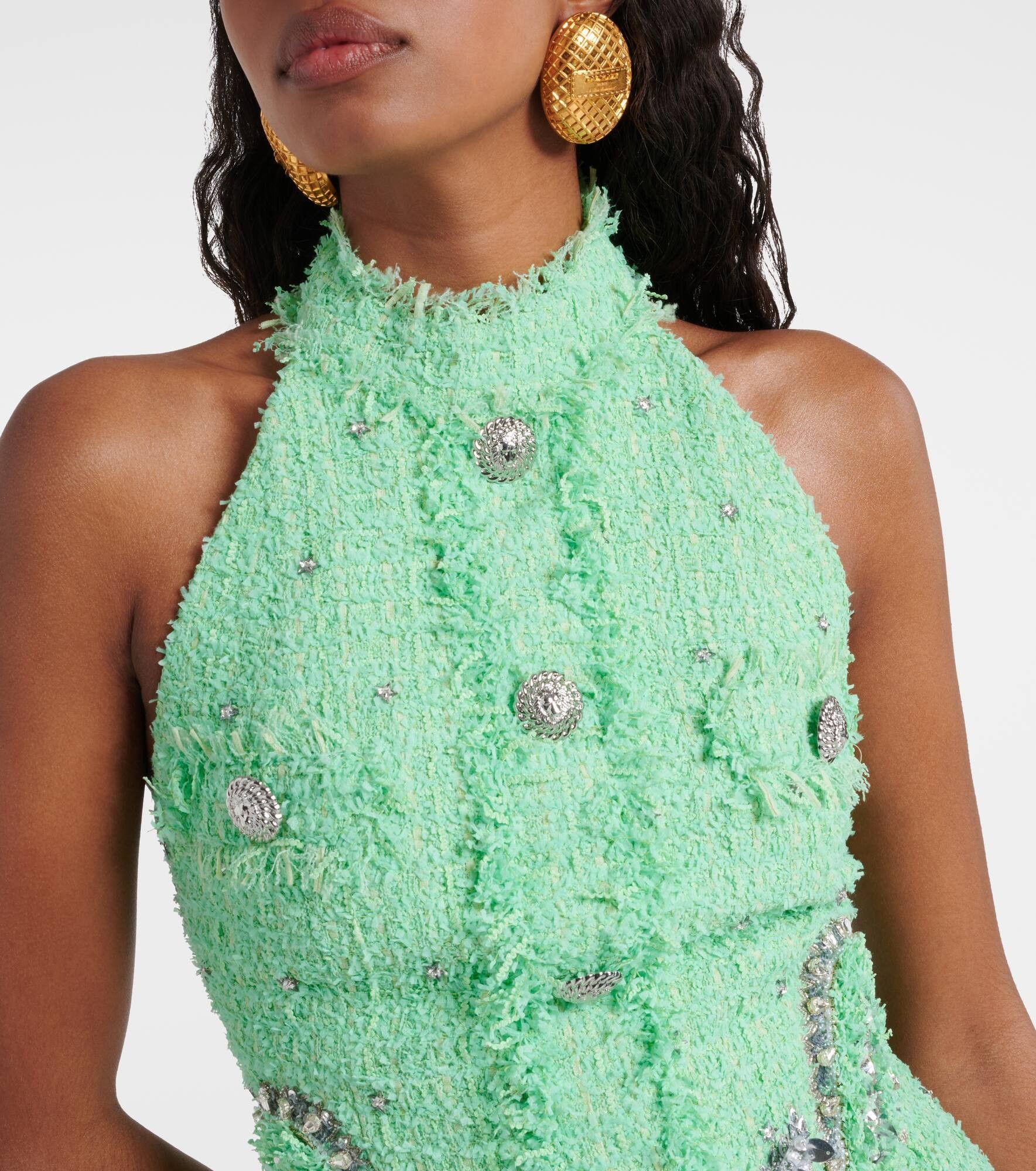 Balmain o1s1wg110825 Embellished Tweed Mini Dress in Green Size M / US 6-8 / IT 42-44 - 4 Thumbnail
