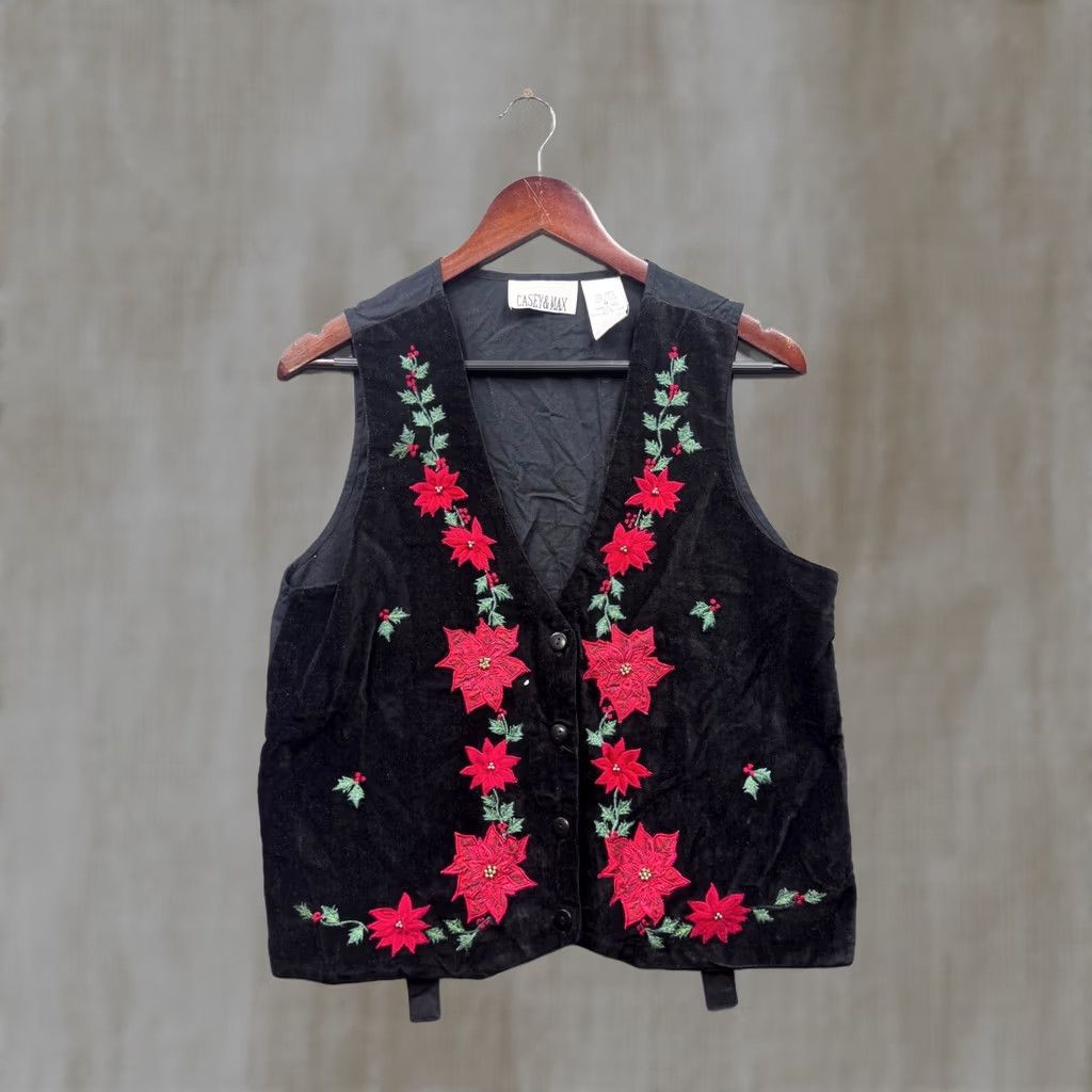 Vintage VINTAGE Casey & Max Vest Womens Black Cotton Embroidered Poinsettia Christmas Medium Size M / US 6-8 / IT 42-44 - 1 Thumbnail