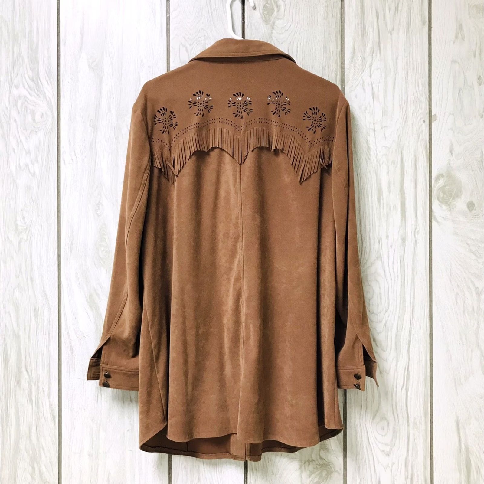 Denime Denim 24/7 Jacket Women Brown Western Bohemian Floral Cutout Fringe Button 20W Casual Chic Size 3XL / US 20-22 - 2 Thumbnail