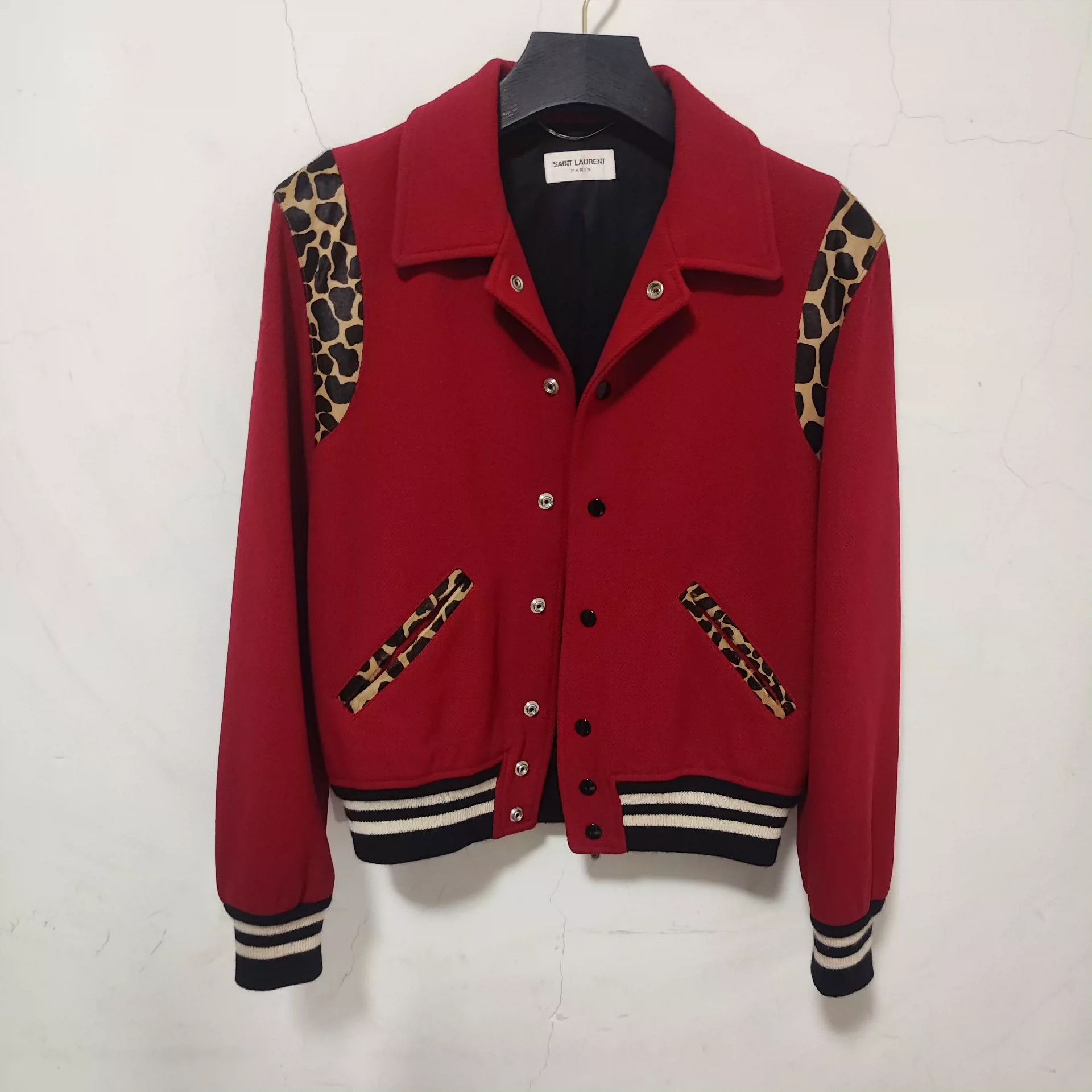 Saint Laurent Paris Red leopard print baseball jacket