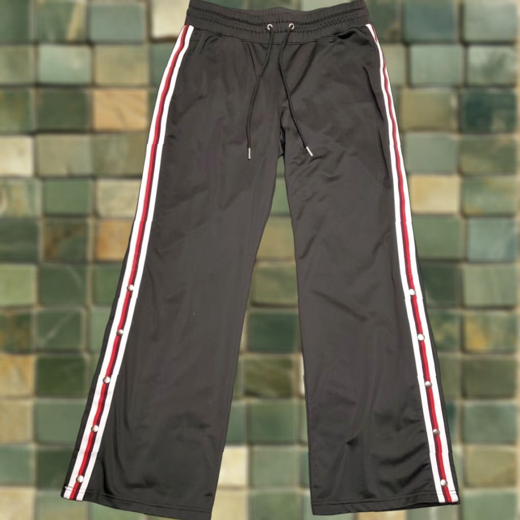 Avia Avia Pants M Black Warmup Side Snap Wide Leg Athletic Mens | 100% Polyester | Drawstring | Machine Washable | Striped | Gym & Training | USA Sports Size US 31 - 1 Thumbnail
