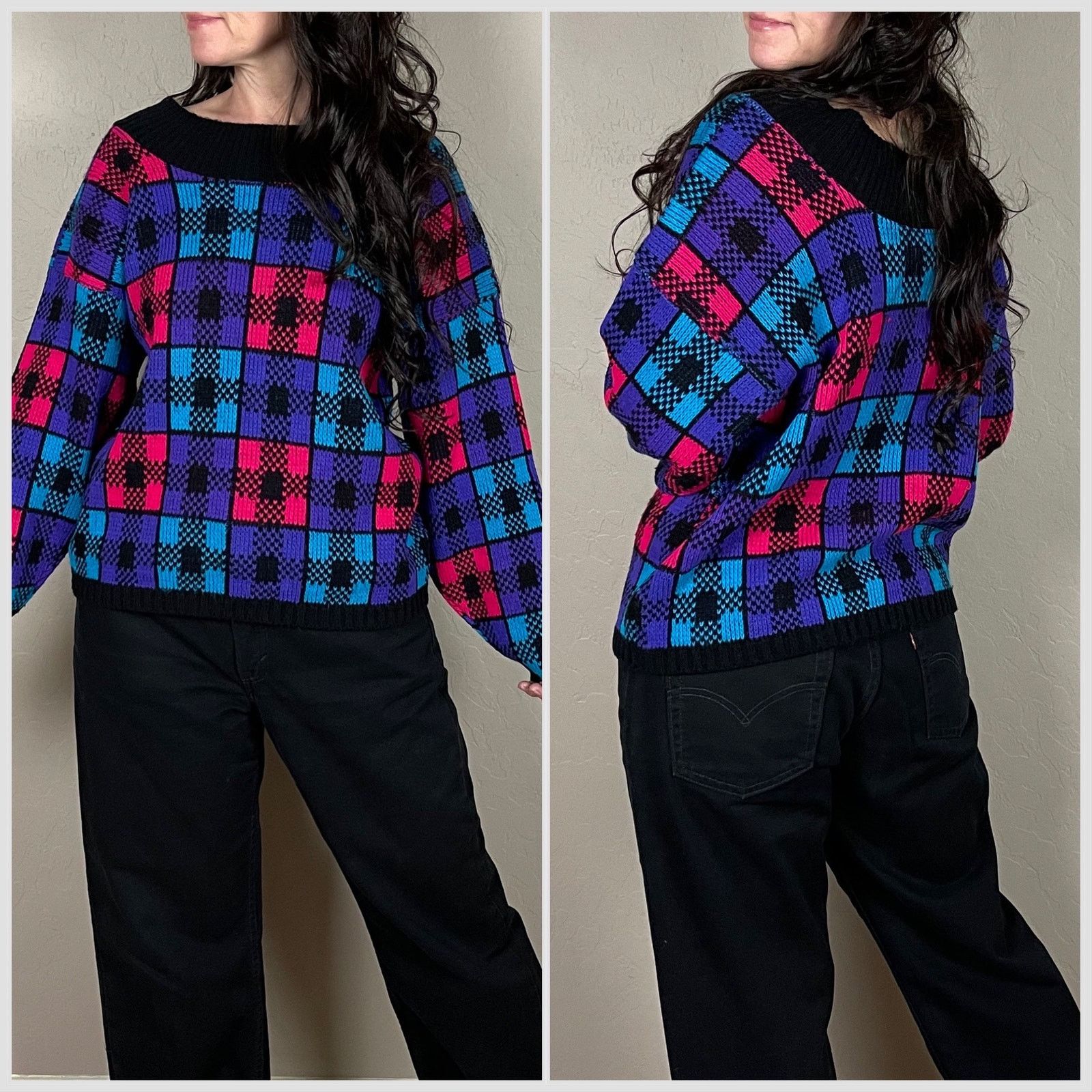 Vintage 1980s Hot Pink and Purple Plaid Cropped Pullover Sweater Size L / US 10 / IT 46 - 3 Thumbnail