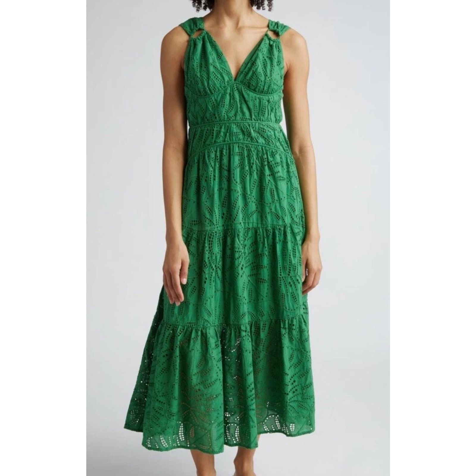NWT FARM RIO Green Monstera Corset Eyelet Maxi Dress Sz M