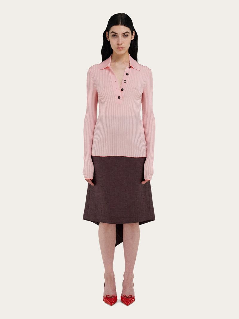 Salvatore Ferragamo o1s1rm0526 Long sleeved Ribbed Knit Polo Sweater in Pink Size M / US 6-8 / IT 42-44 - 8 Thumbnail