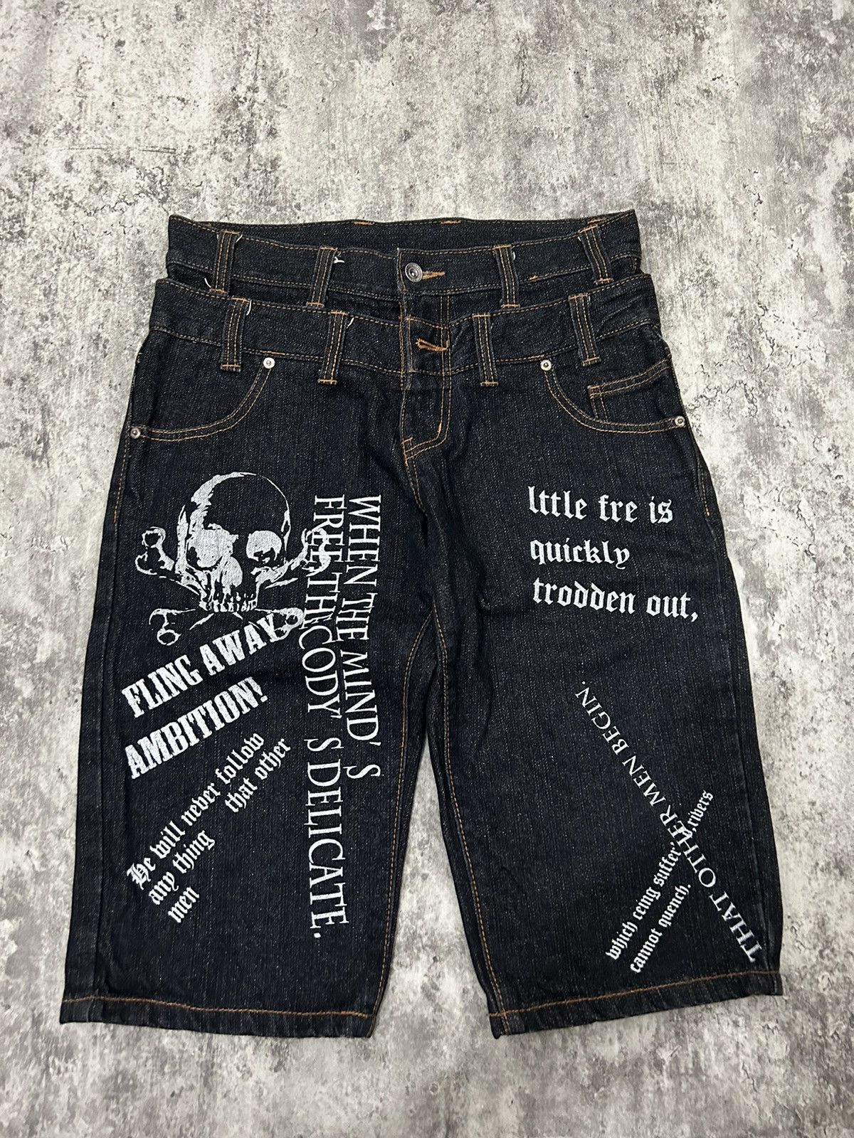 JNCO Japanese Skull Poem Y2k Doublle Waist Short Pants Size US 32 / EU 48 - 3 Thumbnail