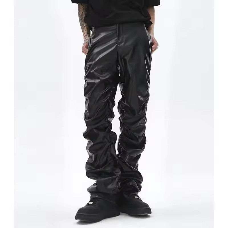 Jean Pleated Pu Leather Pants Streetwear Loose Ruched Casual Size US 32 / EU 48 - 2 Thumbnail