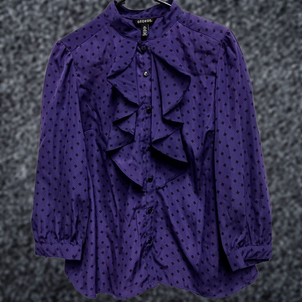 George VINTAGE George Blouse Womens Large Purple Printed Ruffle 90s Preppy Office Gothic Purple Blouse Womens L 90s City Romantic Whimsygoth Size L / US 10 / IT 46 - 1 Thumbnail