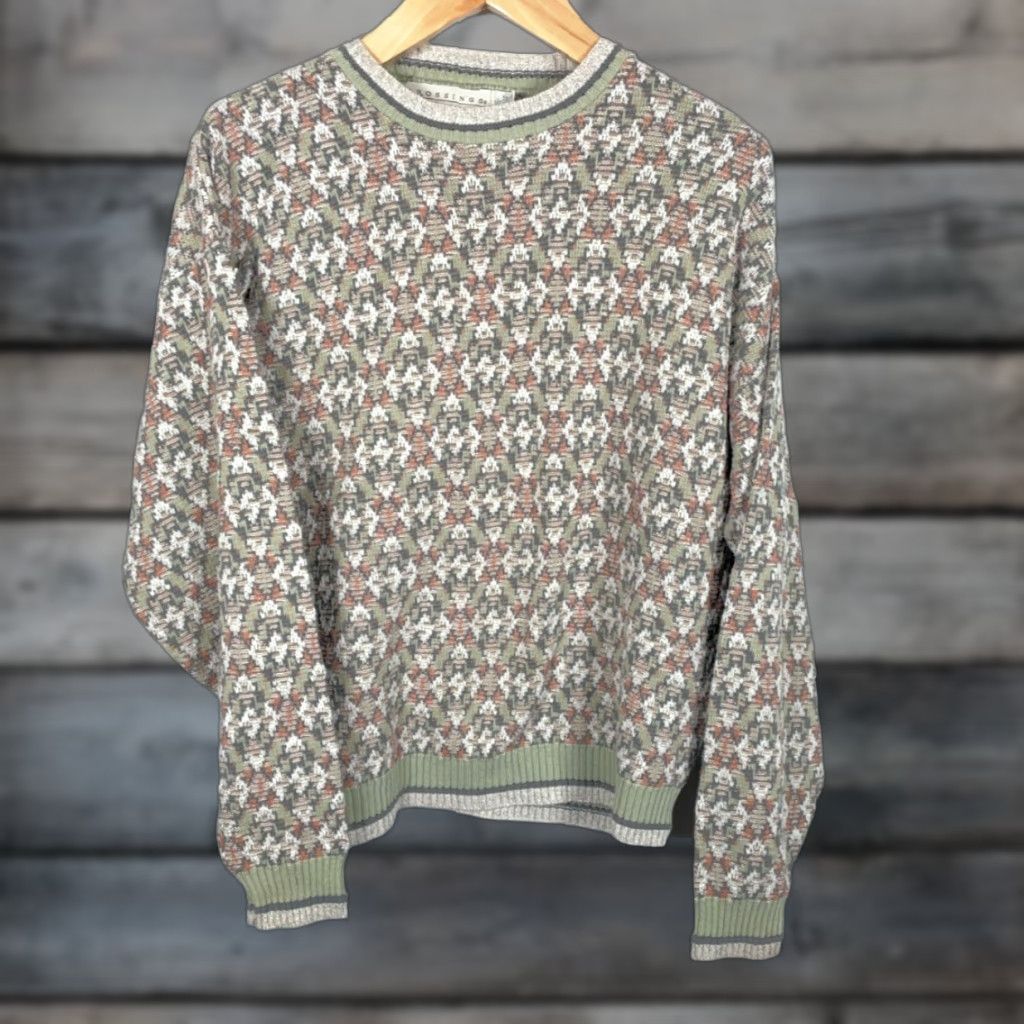 Vintage Crossings Sweater Mens Large Beig e Green Diamond Pattern 90s Textured Cotton-Acrylic Knit Crew Neck Vintage Pullover Casual Size US L / EU 52-54 / 3 - 1 Thumbnail