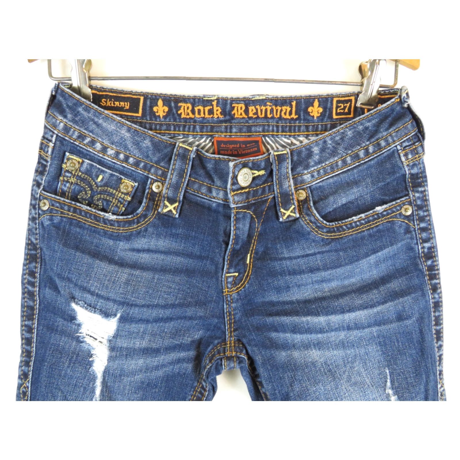 Vintage Rock Revival Jessica Skinny Jeans Womens Size 27 Button Zip Distressed Blue Denim Cotton Blend Regular Slim/Narrow Fit 27in Waist Womens Size 27" / US 4 / IT 40 - 4 Thumbnail