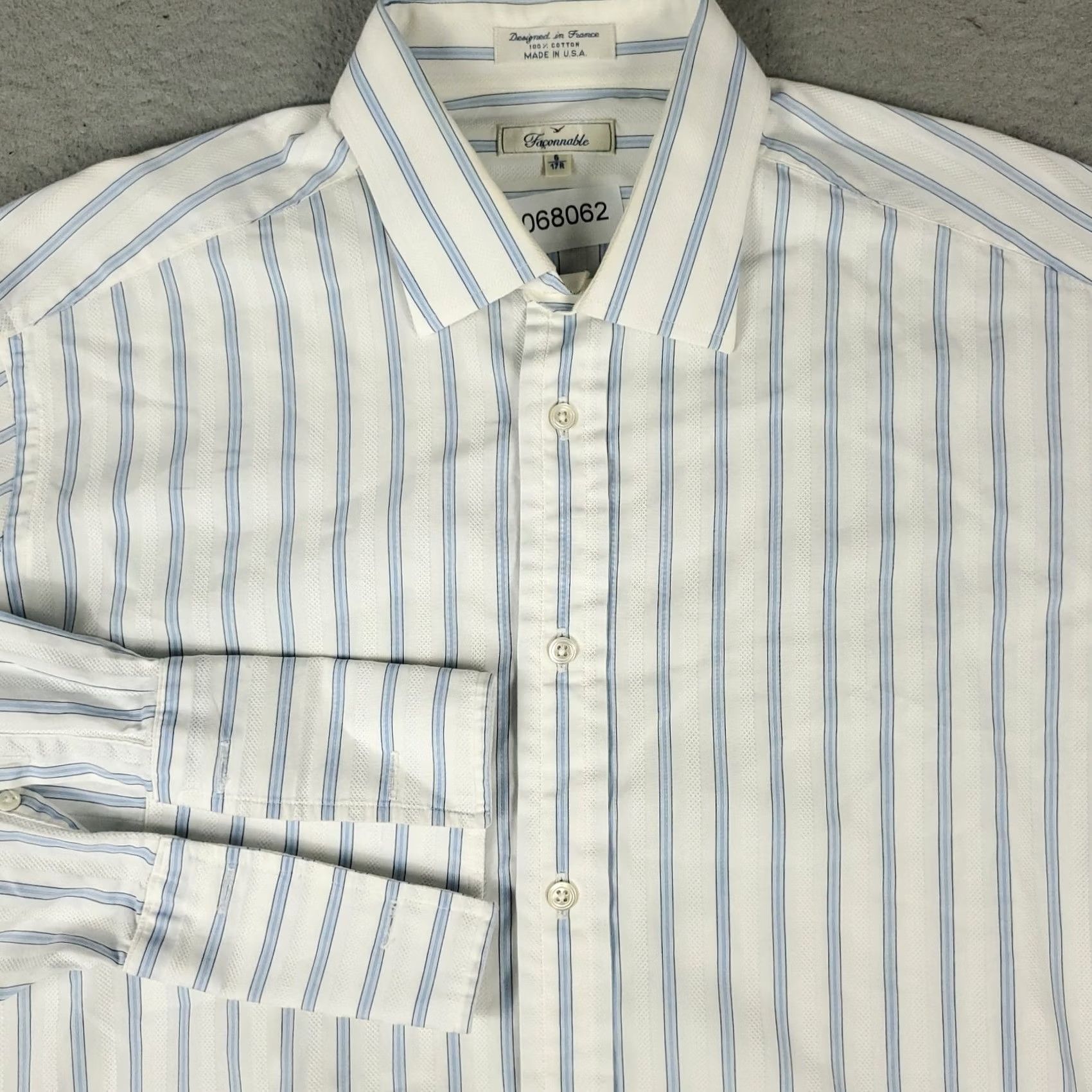 Faconnable Faconnable Dress Shirt Mens Size 17 White Blue Striped Button Up French Cuff Size 46R - 2 Thumbnail