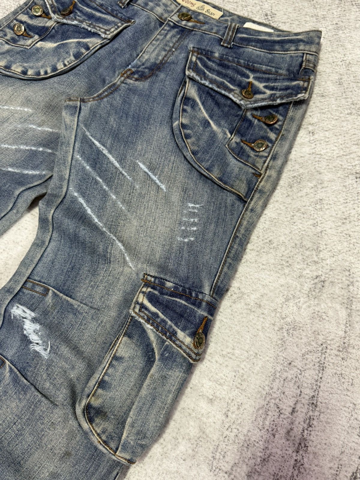 LOWBOX × Le Grande Bleu (L.G.B.) × Tete Homme Bbong San Japan Asymmetrical Cargo Pocket Flared Jeans Size US 30 / EU 46 - 6 Thumbnail