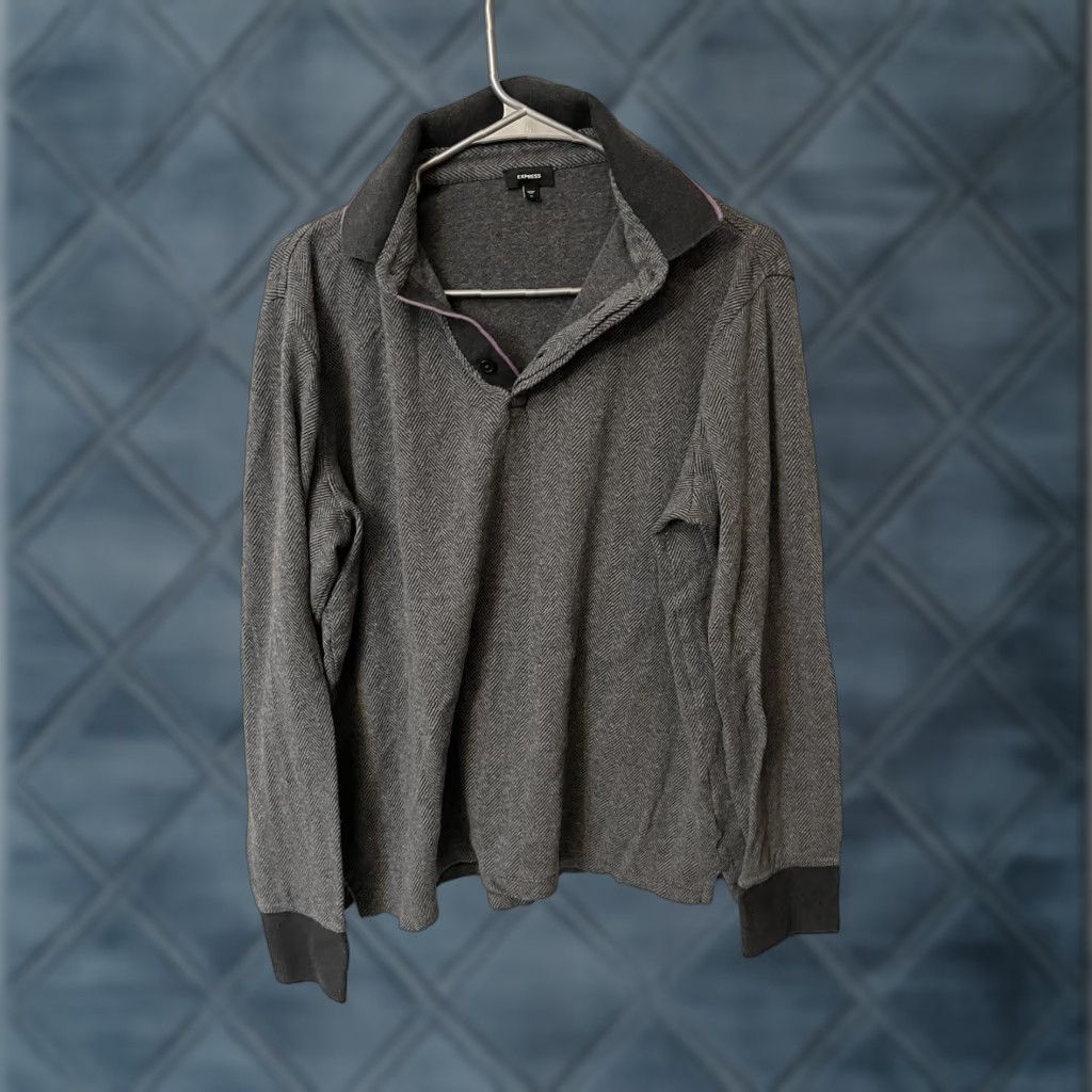 Express Express Men’s Long Sleeve Polo Size Medium Gray Size US M / EU 48-50 / 2 - 1 Thumbnail