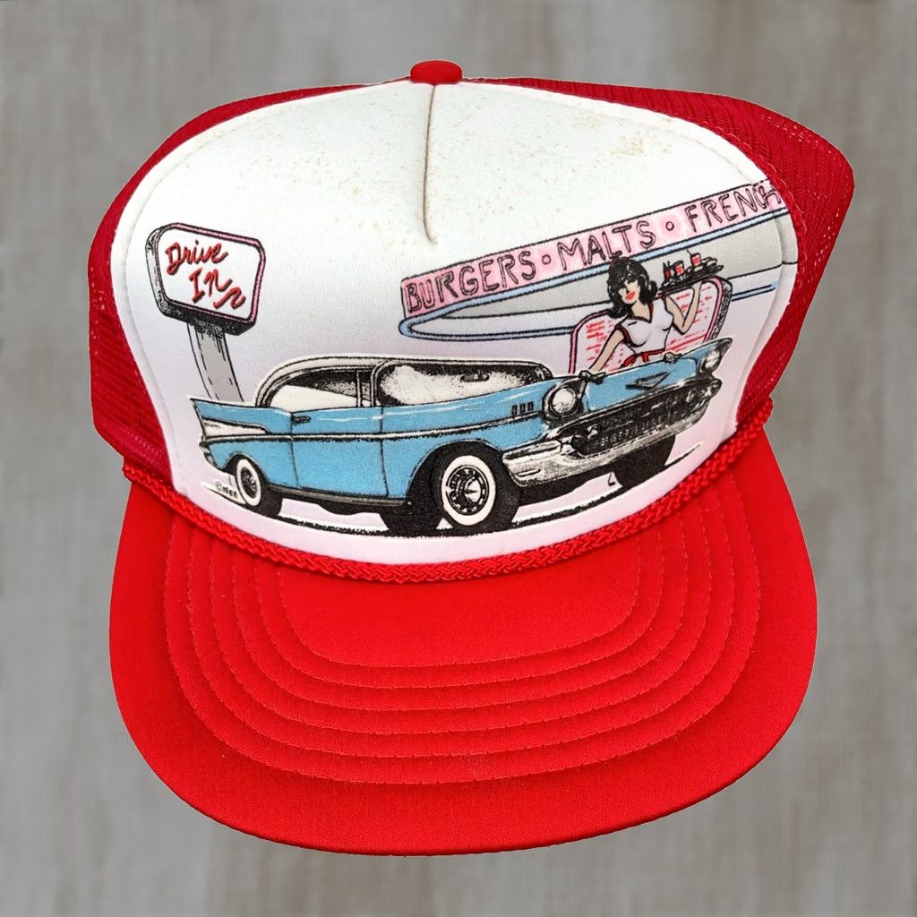 Vintage VINTAGE 57 Chevy Trucker Hat Cap Snapback Red White Drive In Car Show 80s 90s AZ Size ONE SIZE - 1 Thumbnail