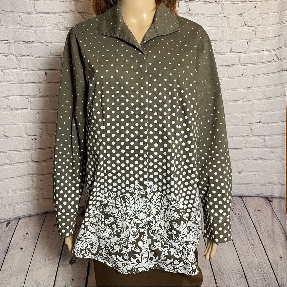Chicos Chico's Polka Dot Floral Cotton Blend Long Sleeve Button Sh Size L / US 10 / IT 46 - 2 Thumbnail
