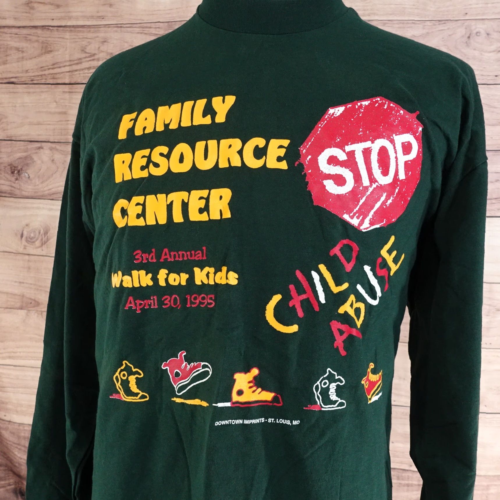 Fruit Of The Loom VINTAGE FRUIT OF THE LOOM FAMILY RESOURCE CENTER '95 STOP CHILD ABUSE T-SHIRT 2XL GREEN SINGLE STITCH UNISEX Size US XXL / EU 58 / 5 - 2 Thumbnail