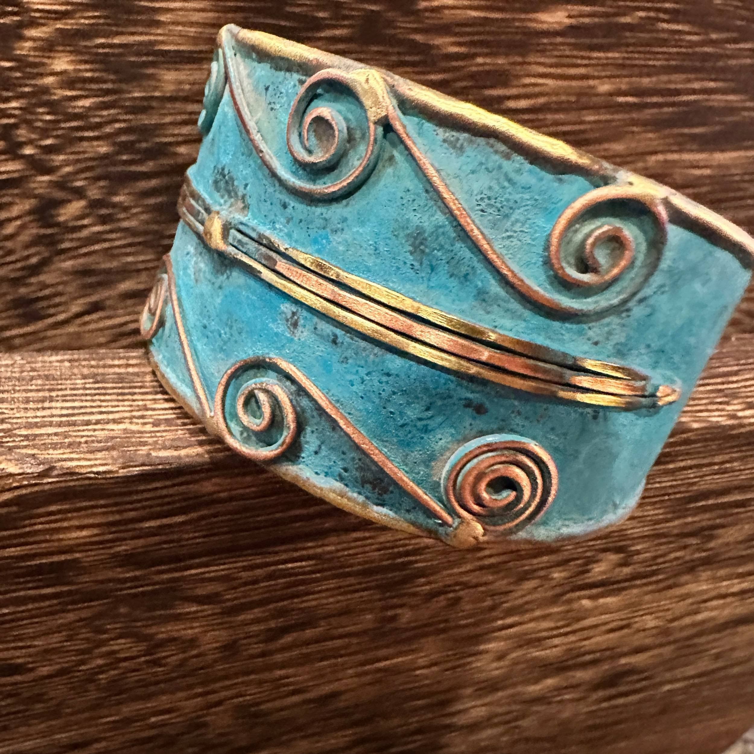 Other Aqua Patina Swirl Adjustable Cuff Bracelet - Handcrafted 2in Size ONE SIZE - 9 Thumbnail