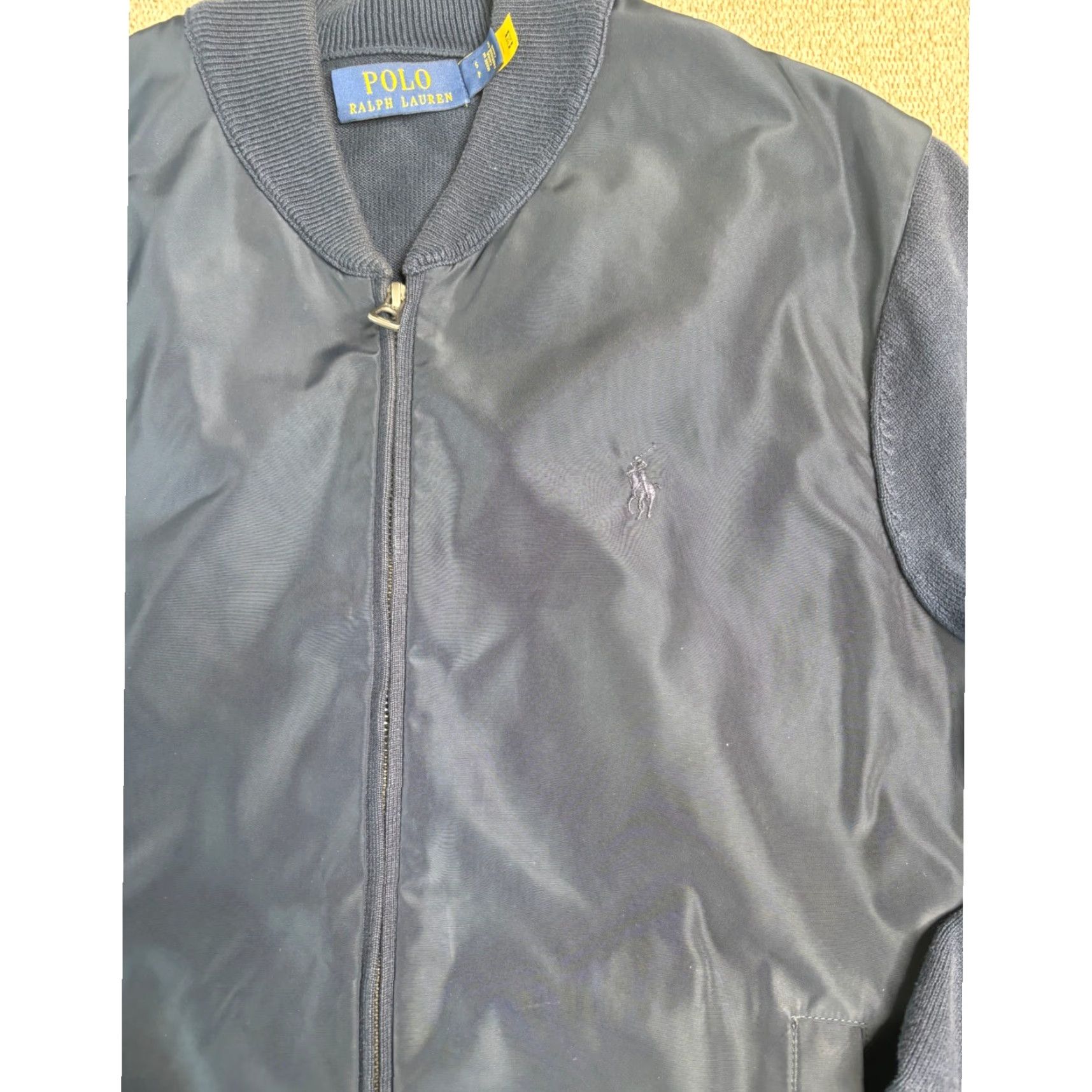 Polo Ralph Lauren Bomber Jacket Mens Knit Sleeve Full Zip Blue Knit Long Sleeve Jacket Casual Travel