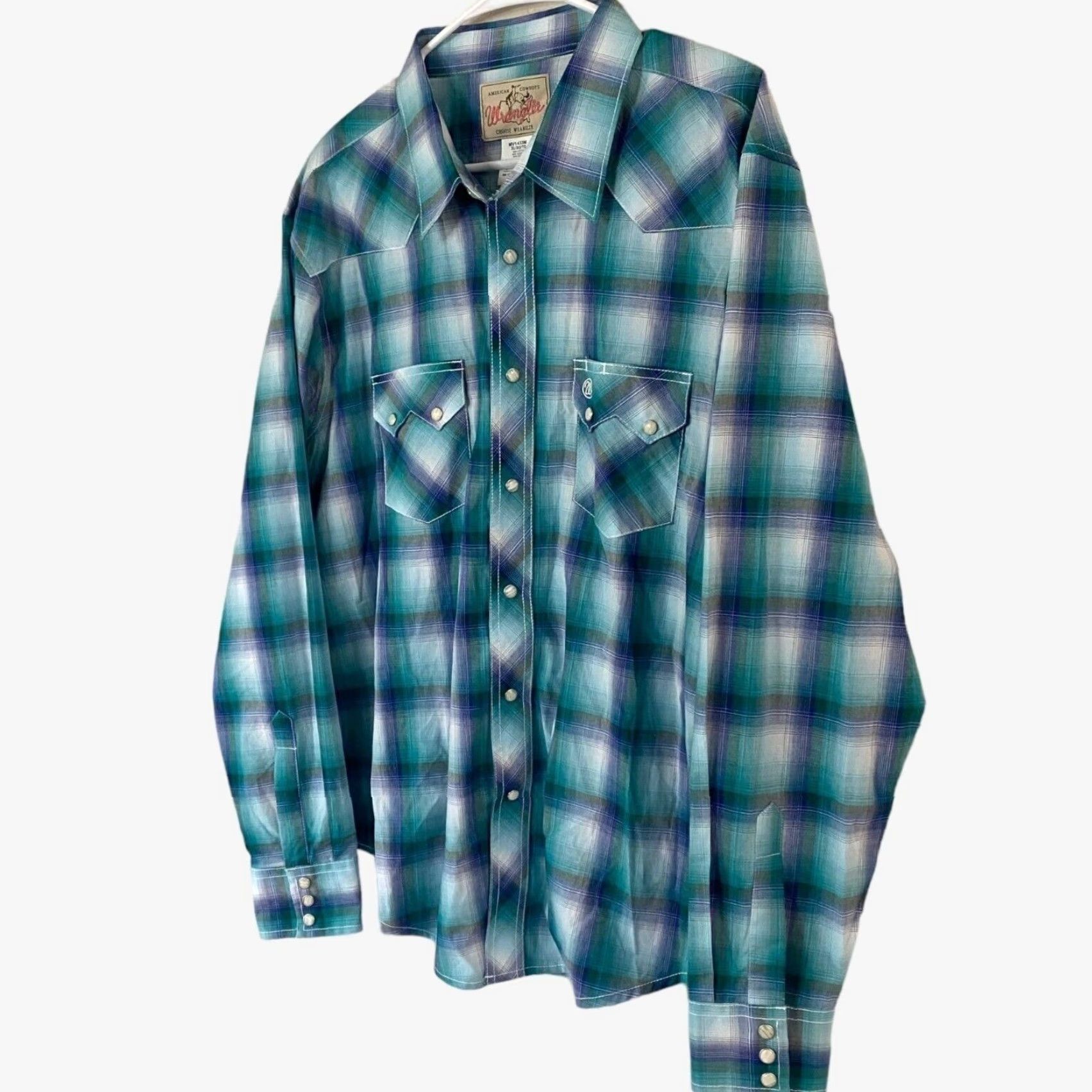 Wrangler VINTAGE Wrangler Western Pearl Snap Shirt Long Sleeve Turquoise Blue Plaid Mens XL TieFit? Size US XL / EU 56 / 4 - 2 Thumbnail
