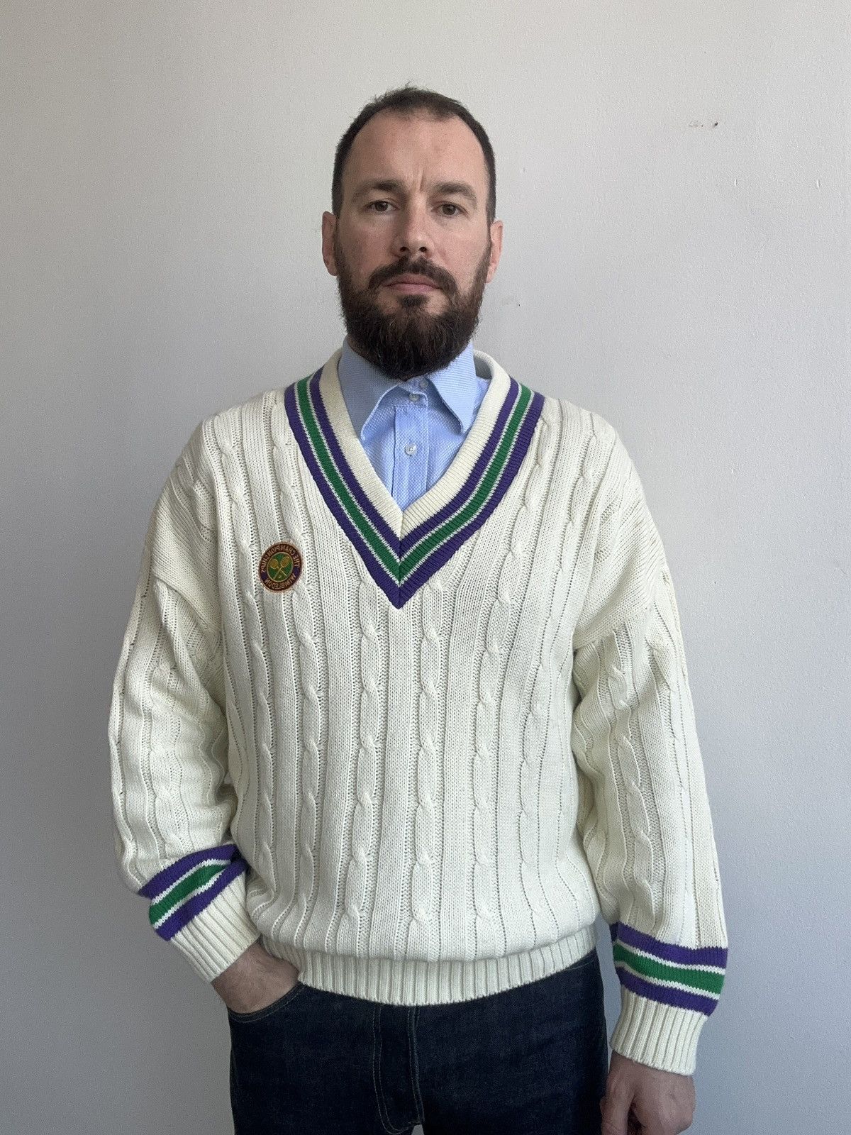 Other RARE Vintage WIMBLEDON Tennis Sweater V-Neck Cable Knit Size US L / EU 52-54 / 3 - 2 Thumbnail