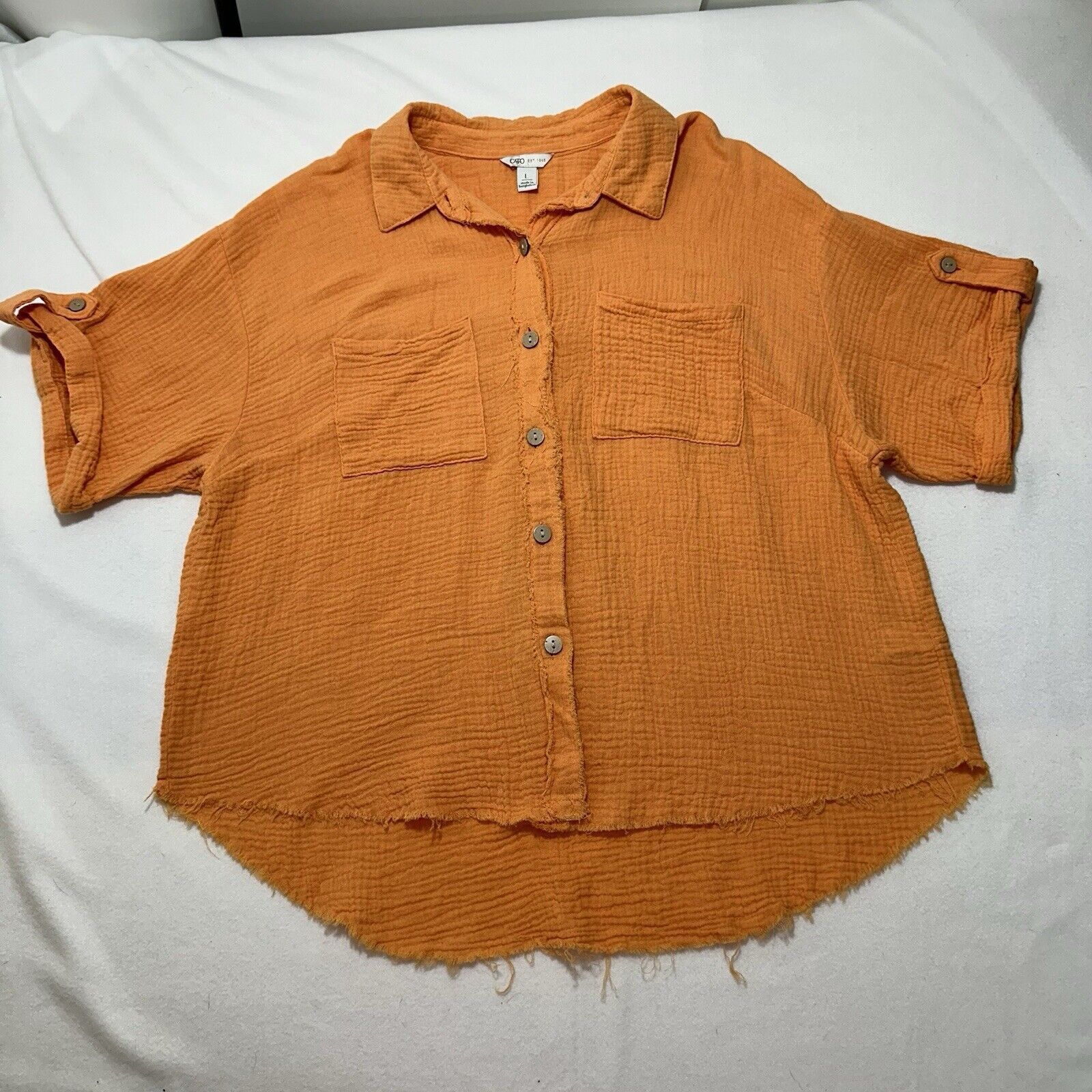Other Cato Large Orange Button Front Blouse Raw Hem Gauze Top Size L / US 10 / IT 46 - 1 Thumbnail