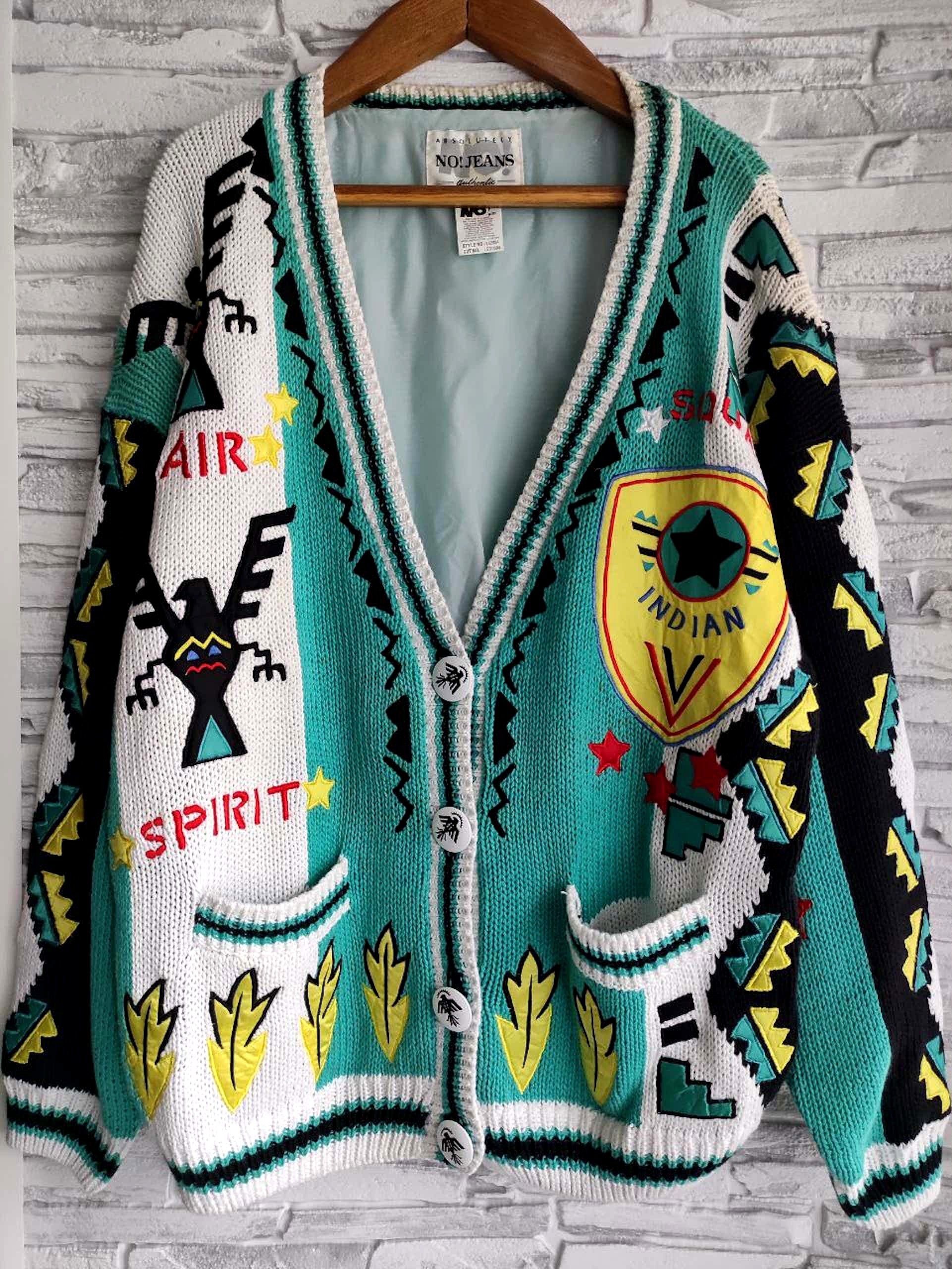 image of Cardigan x Coloured Cable Knit Sweater Vintage No Jeans Patchwork Multicolor Knitted Sweater (Size 
