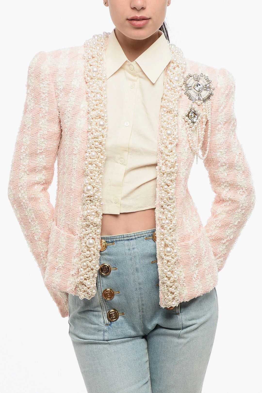 Balmain og1mm0326 Tweed Open-Front Jacket in Pink Size XS / US 0-2 / IT 36-38 - 1 Thumbnail