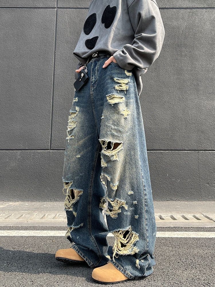 Japanese Brand Men's high street washed loose straight casual ripped jeans Size US 32 / EU 48 - 4 Thumbnail