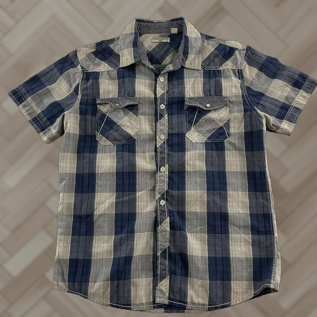 Bones Beans X Bones Plaid Short Sleeve Button-Up Shirt L Men Blue Gray Size US L / EU 52-54 / 3 - 1 Thumbnail