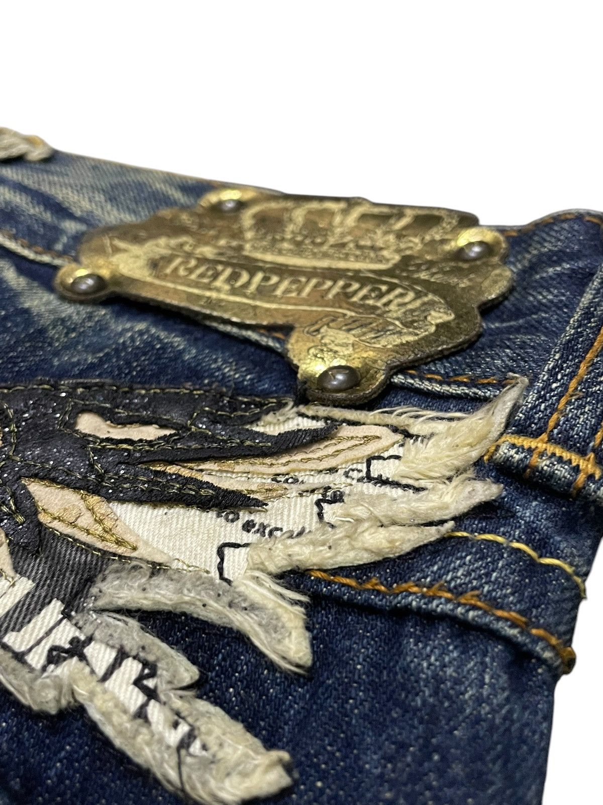 Japanese Brand × LOWBOX × semanticdesign Red Pepper Japan Leather Feather Wings Mud Wash Flare Jeans Size US 30 / EU 46 - 9 Thumbnail