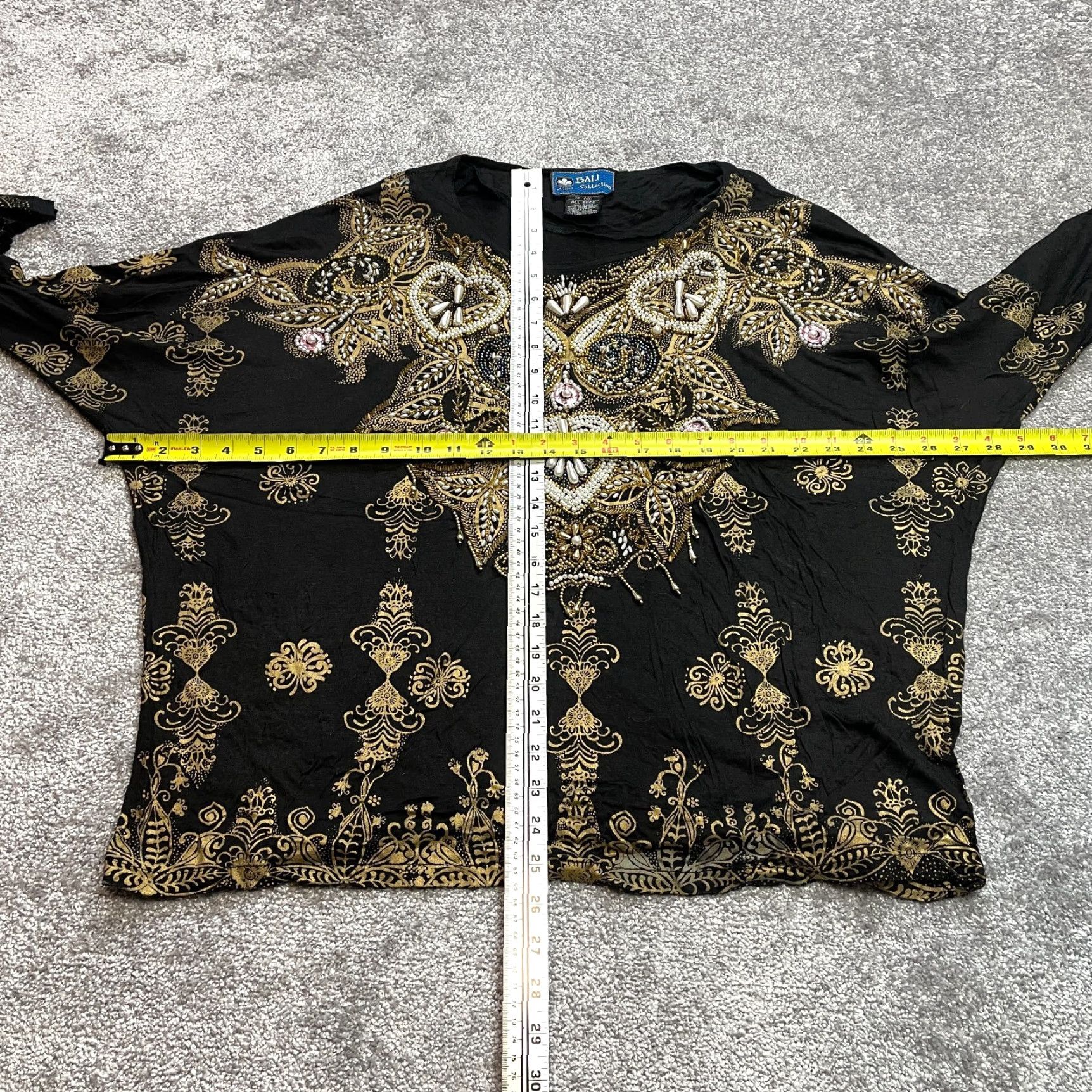 Vintage Bali Blouse Womens One Size Black Gold Beaded Shiny Hearts Soft Size ONE SIZE - 4 Thumbnail