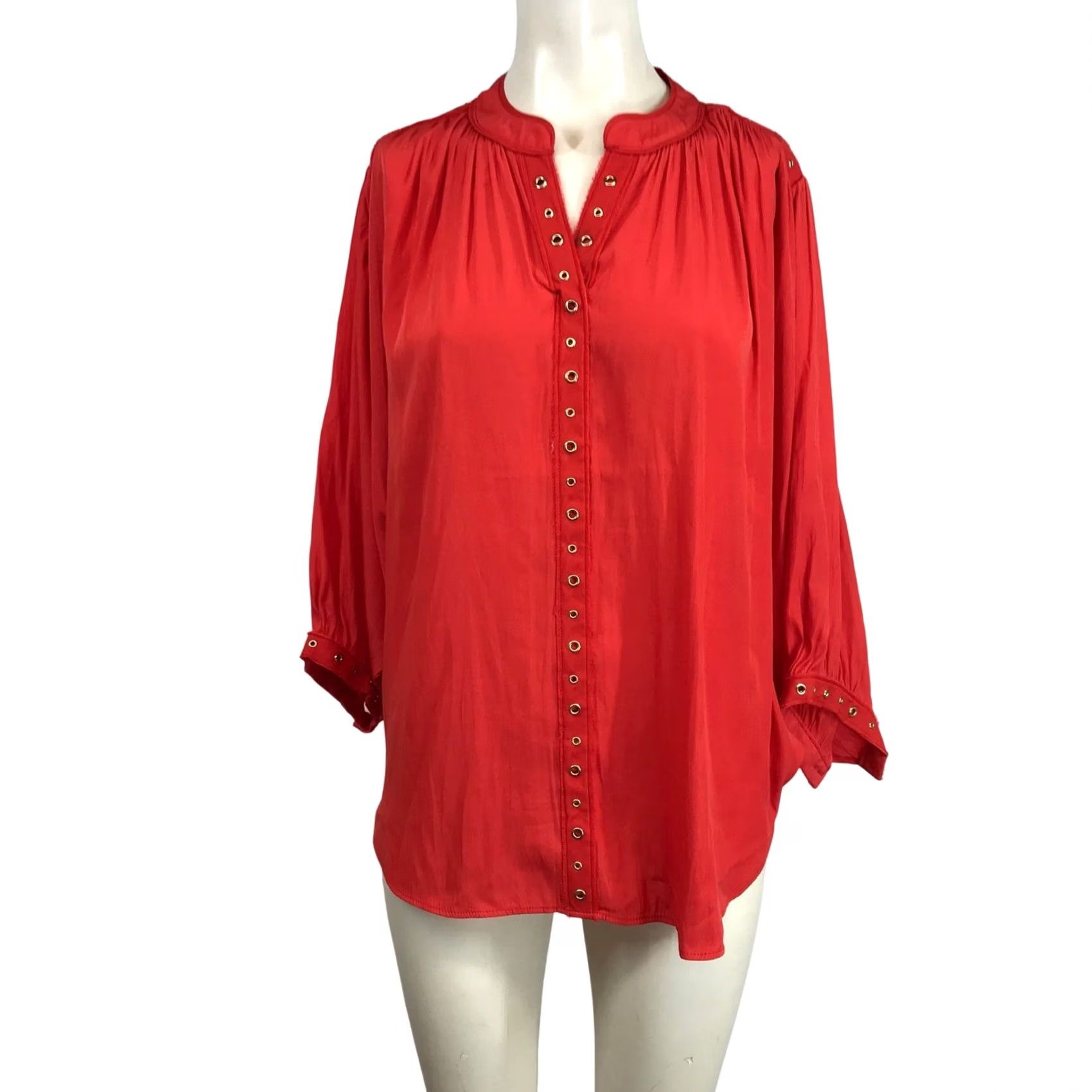 Vintage VINTAGE Chico's Chicos Red Grommet Button Front Blouse Mandarin Collar 3/4 Sleeve Size 10 Womens Red Blouse Size L / US 10 / IT 46 - 2 Thumbnail