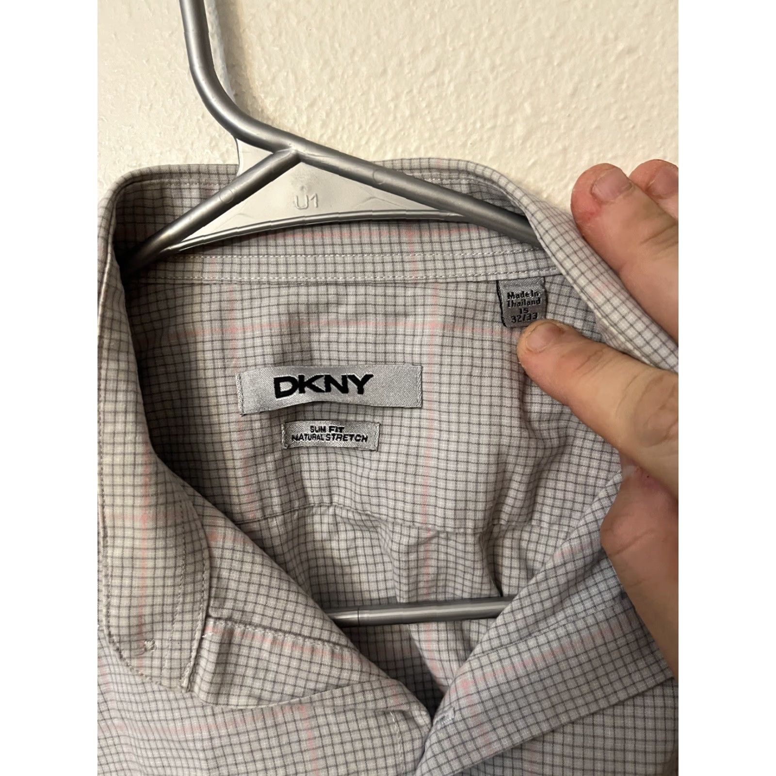 DKNY DKNY Slim Fit Gray Gingham Plaid Dress Shirt for Men, Size 15, Long Sleeve Size 40R - 3 Thumbnail