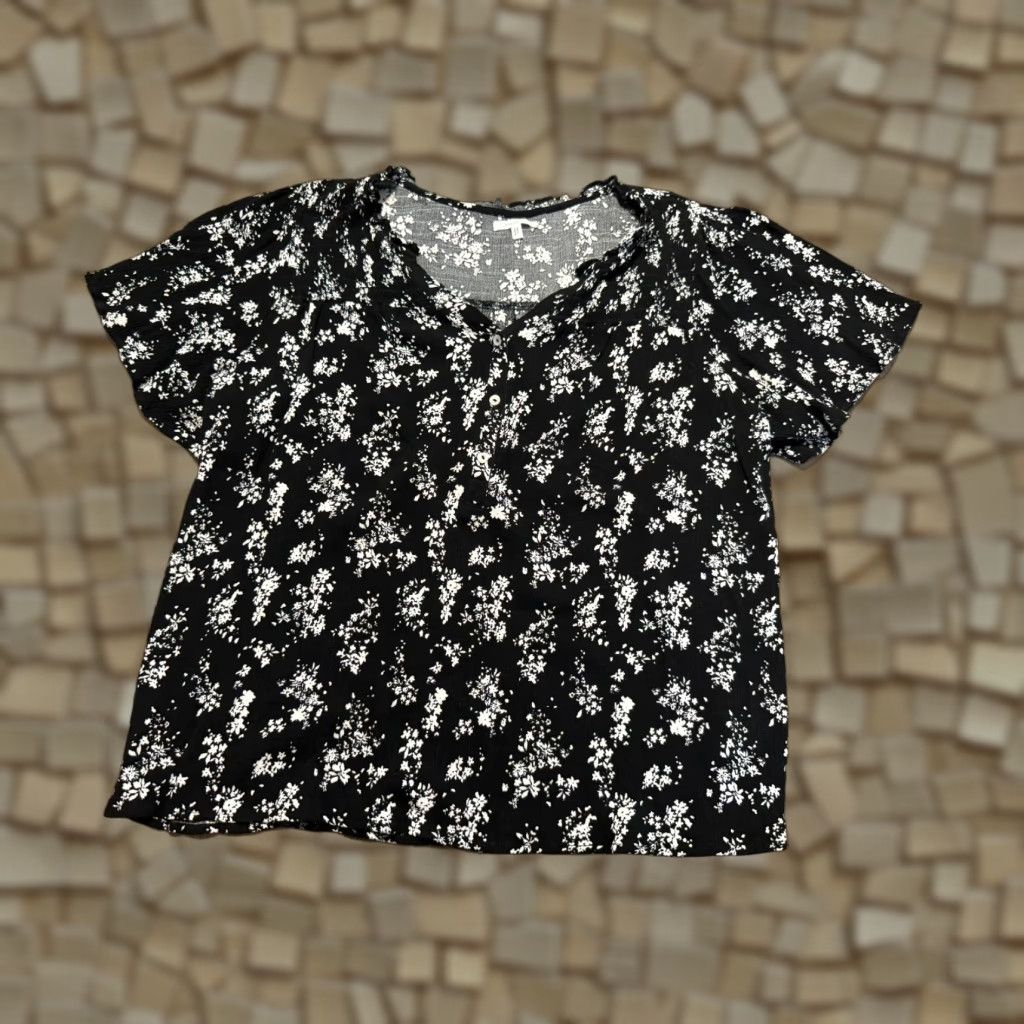 Vintage Maurices Blouse Women's Large Black Floral V-Neck Short Sleeve Pullover Casual Size L / US 10 / IT 46 - 1 Thumbnail