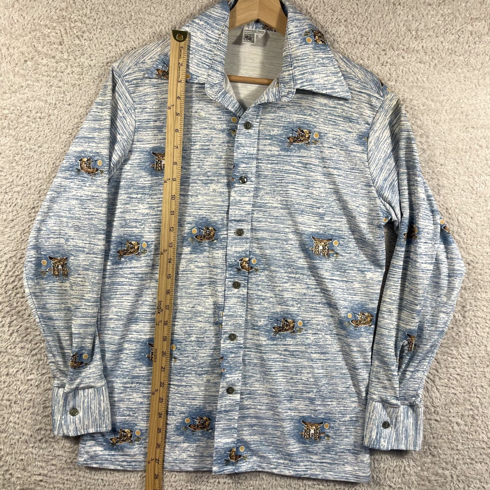 Vintage VINTAGE K Mart Disco Shirt Mens M Blue Abstract Print Dagger Collar 70s Button-Front Long Sleeve Size US M / EU 48-50 / 2 - 6 Thumbnail